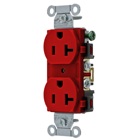 HUBBELL WIRING DEVICE-KELLEMS Straight Blade Devices, Receptacles, Duplex, Commercial Grade, 20A 125V, 2-Pole 3-Wire Grounding, 5-20R, Back and Side Wired, Red BR20R